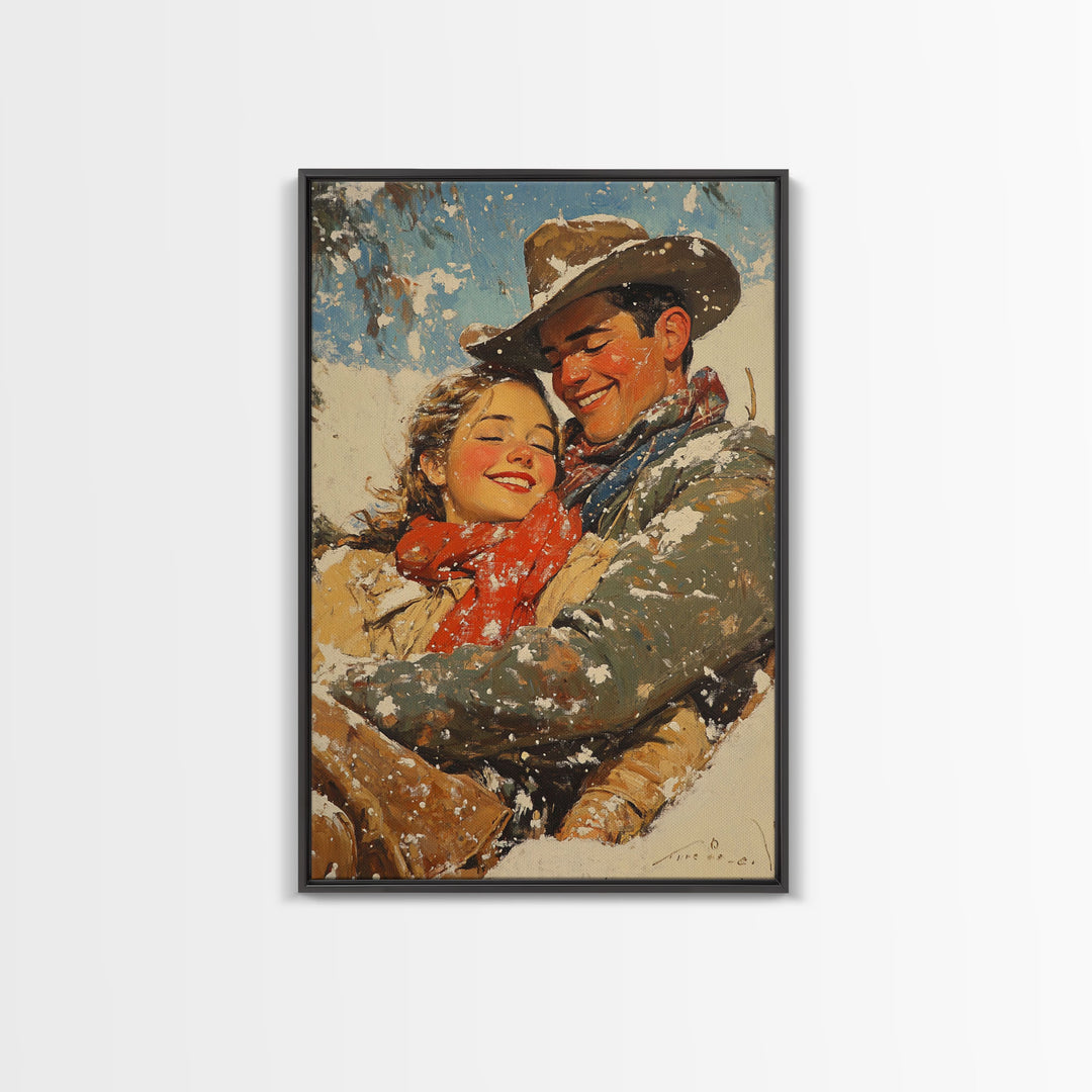 Snowy Couple Embrace Framed Canvas Print - Retro Christmas Art 2024 Holiday Home Decor Gift Idea for Cozy Winter Wall Art