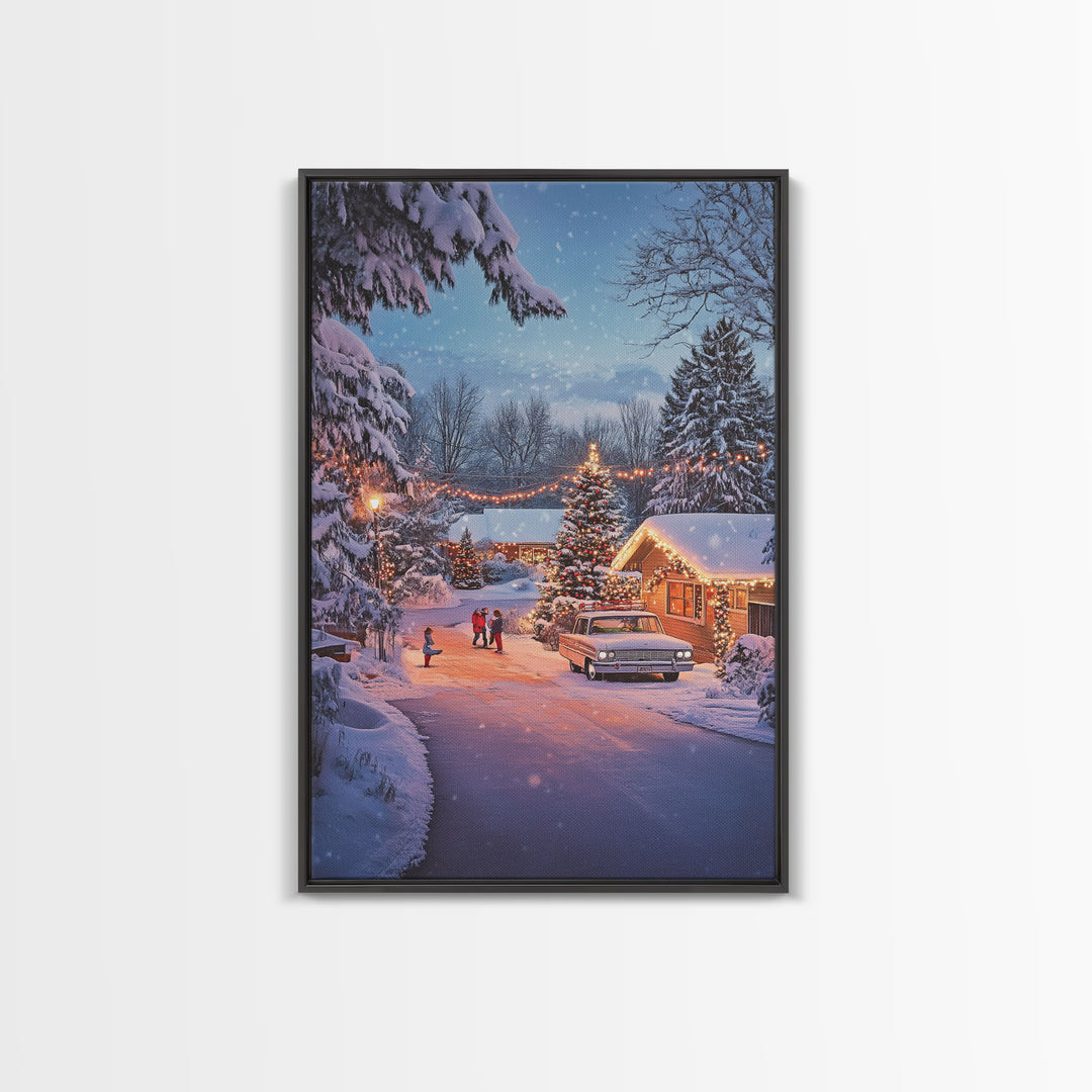 Classic Winter Christmas Neighborhood Framed Canvas Print Tall Art With Lights And Christmas Tree, Holiday Wall Art Home Decor