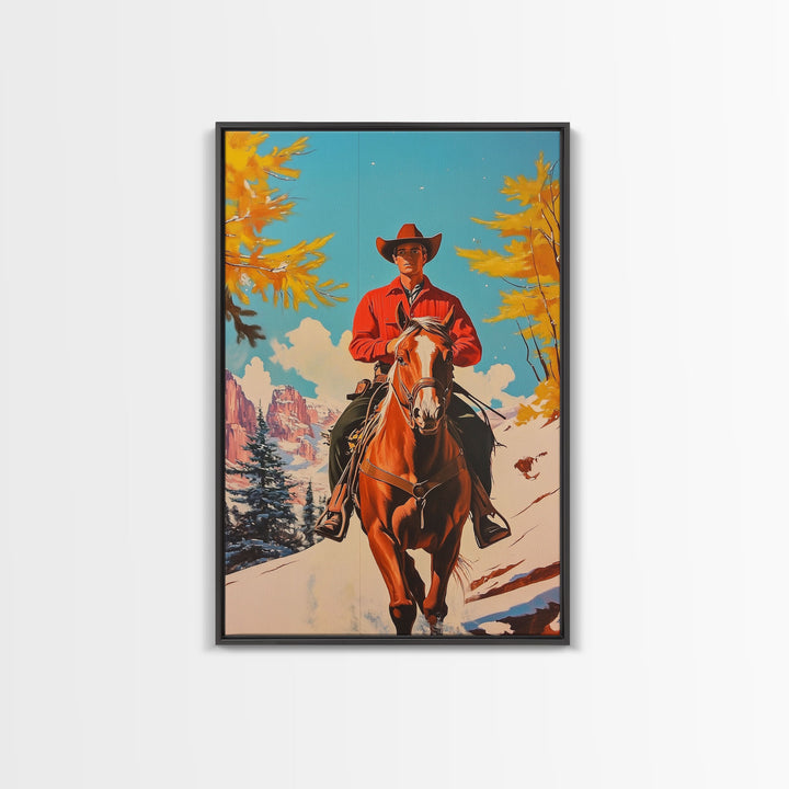 Western Cowboy on Horseback in Snowy Winter Landscape Canvas Print Vintage Christmas Wall Decor Winter Wonderland Christmas Gift Wall Art