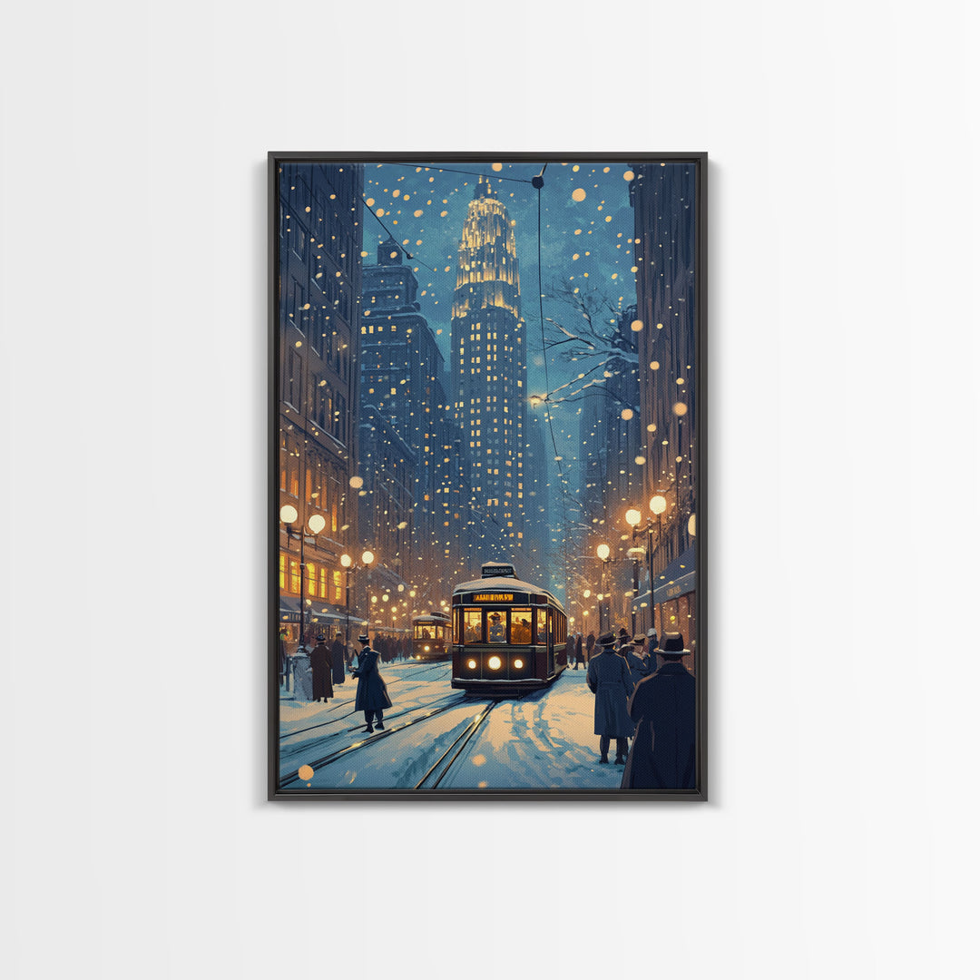 Snowy Winter City Scene Holiday Lights Framed Canvas Print Christmas Wall Art Urban Christmas Decor Holiday Gift Christmas Tree Art Gift