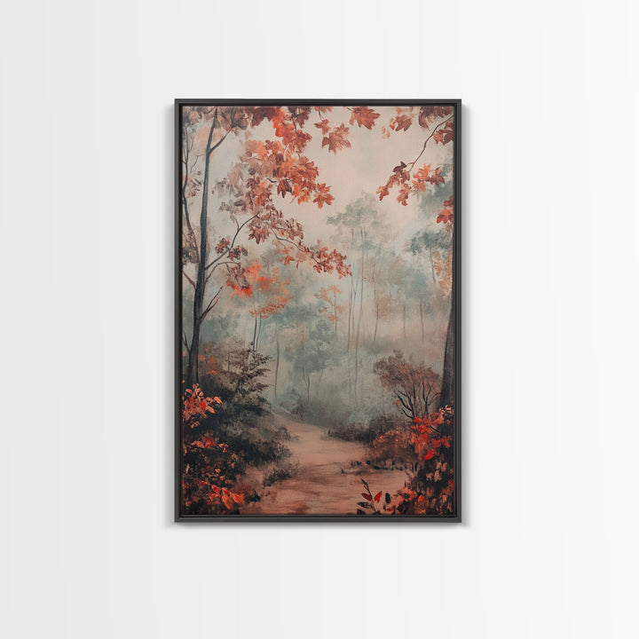 Framed Canvas Print of Autumn Pathway with Red Leaves, Seasonal Wall Art, Best Gift Idea, Modern Farmhouse Fall Decor, Moody Landscape