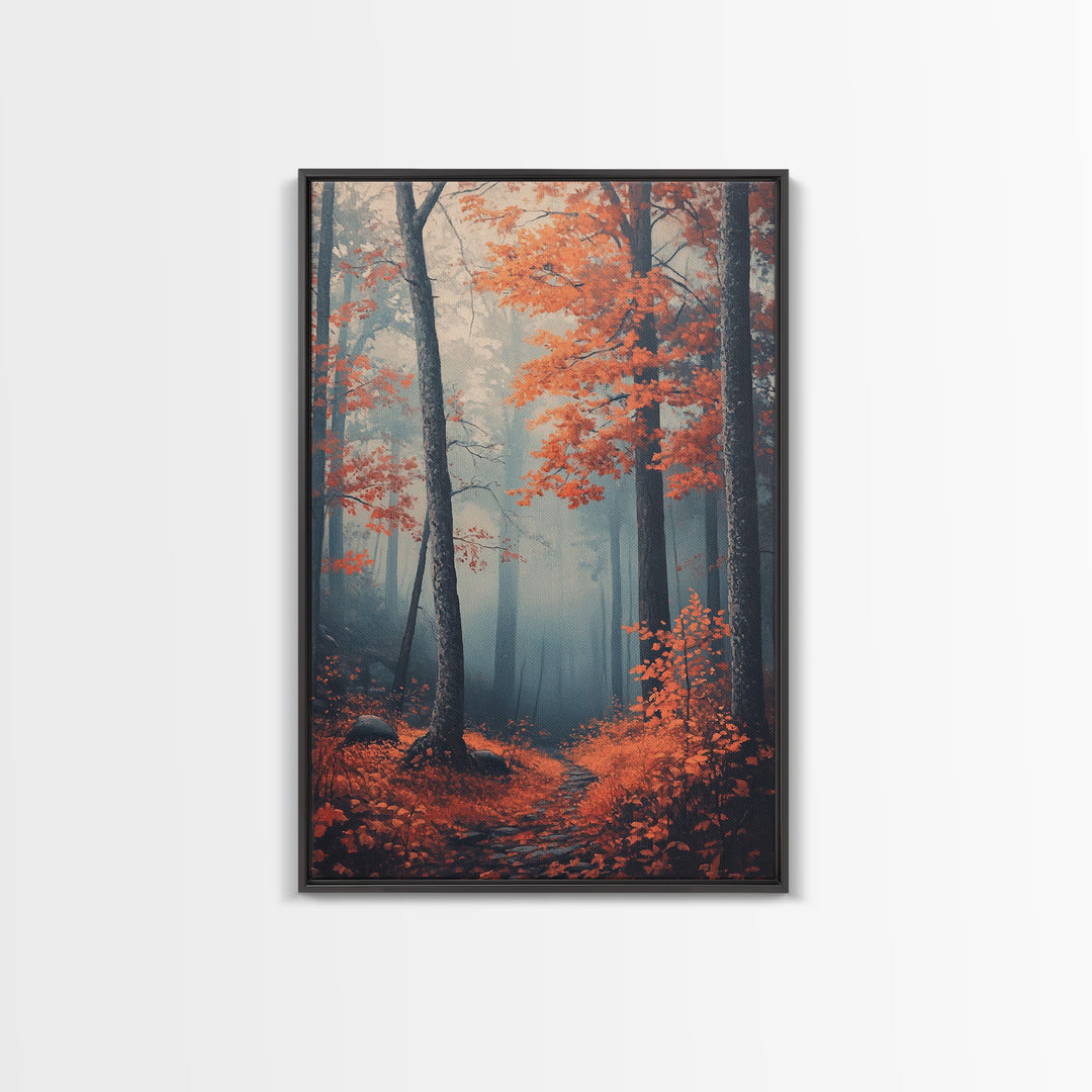 Framed Canvas Print of Misty Autumn Forest with Vibrant Red Leaves, Seasonal Wall Art, Modern Farmhouse, Gift Idea, Fall Landscape Art