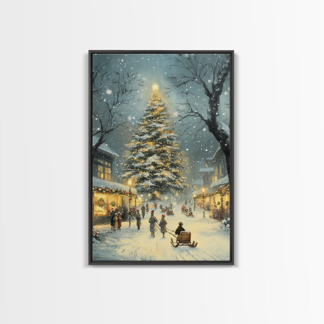 Christmas Tree Village Snowy Winter Scene Framed Canvas Print Christmas Wall Art Christmas Decor Christmas Tree Art Holiday Gift Winter Art