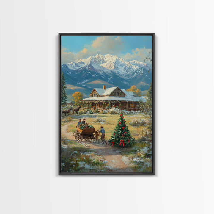 Snowy Mountain Cabin Christmas Tree Scene Framed Canvas Print Christmas Wall Art Holiday Decor Christmas Tree Art Winter Landscape Gift Idea