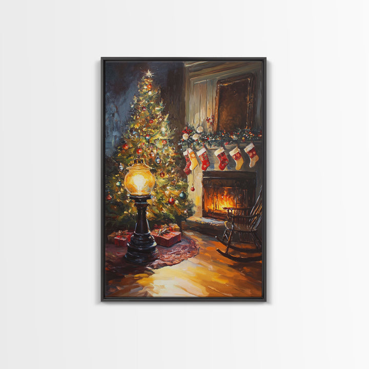 Vintage Christmas Tree And Fireplace Scene Framed Canvas Print Warm Holiday Decor With Stockings And Glowing Lights Christmas Wall Art