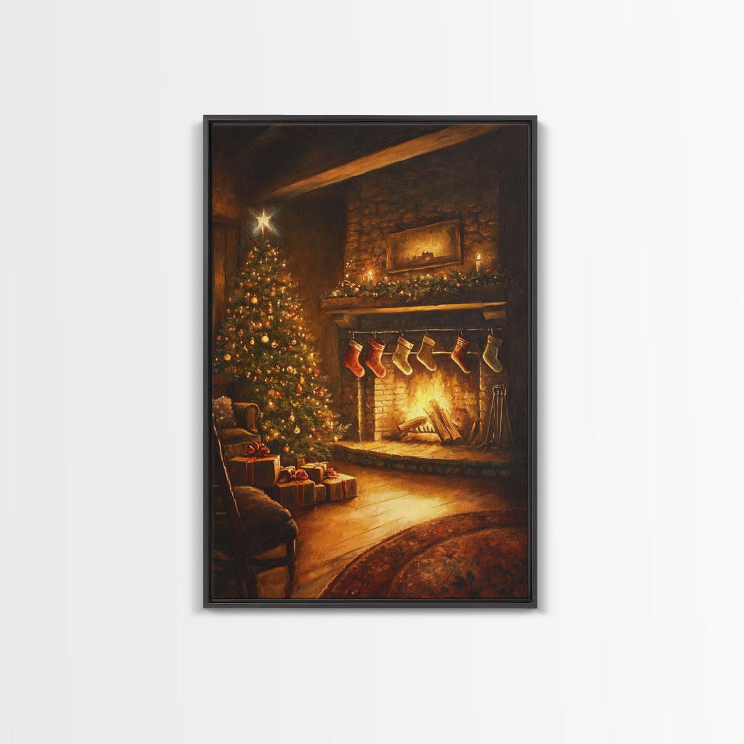 Rustic Cabin Fireplace With Christmas Tree Framed Canvas Print Warm Holiday Decor With Stockings And Christmas Lights Christmas Wall Art