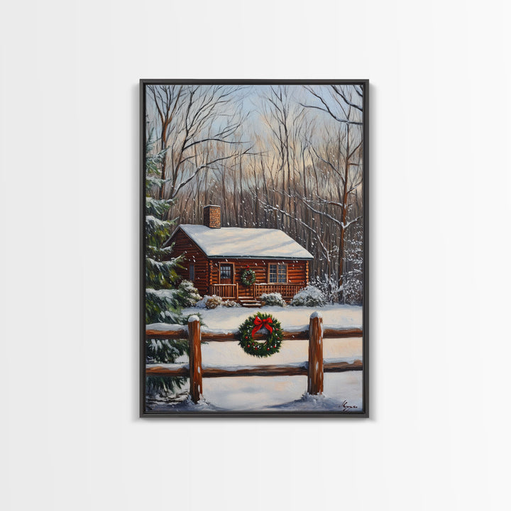 Snowy Log Cabin With Wreath And Fence Framed Canvas Print Rustic Winter Scene With Cozy Cabin In Snow Perfect Christmas Home Decor Wall Art