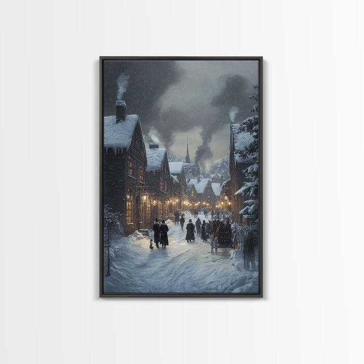 Traditional Victorian Christmas Village in Snow, Classic Christmas Wall Decor for Winter Wonderland Theme, Framed Canvas Print