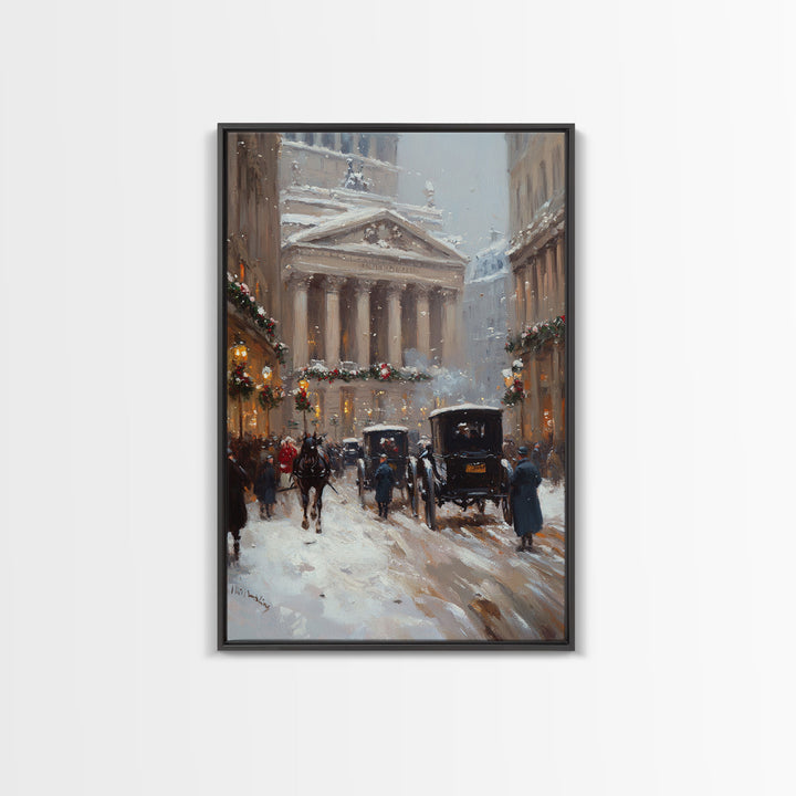 Victorian Winter Street Framed Canvas Print, Nostalgic Snowy City Scene with Horse-Drawn Carriages, Christmas Charm for Holiday Wall Art