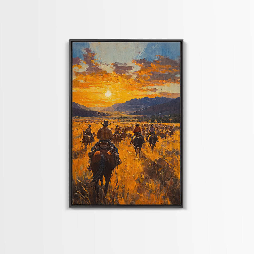 Cowboy Riders at Dusk Framed Canvas Print, Warm Sunset Western Scene with Riders on the Plains, Fall Decor Ranch Homes and Country Wall Art