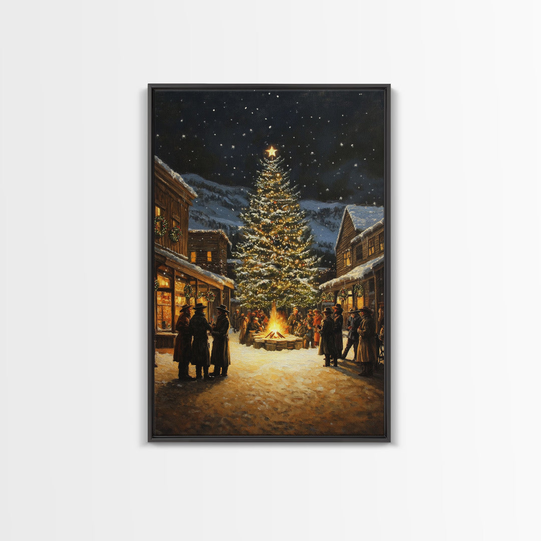 Western Christmas Town Gathering Framed Canvas Print, Cowboy Christmas Eve by the Bonfire Tree, Festive Winter Wall Art Rustic Holiday Decor