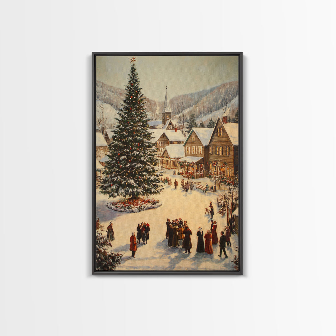 Victorian Christmas Village Framed Canvas Print, Festive Winter Scene Large Christmas Tree, Wall Art for Vintage Country or Farmhouse Decor