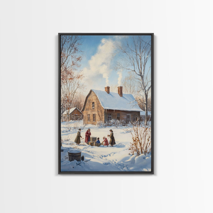 Snowy Country Homestead Framed Canvas Print, Winter Family Gathering Outside Farmhouse, Rustic Christmas Wall Art Holiday Seasonal Decor