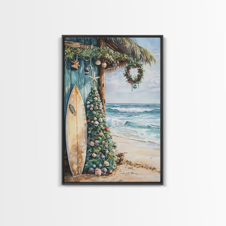 Surf Shack Christmas Framed Canvas Print, Beachfront Holiday Scene with Decorated Tree Surfboard, Coastal Wall Art Tropical Christmas Decor