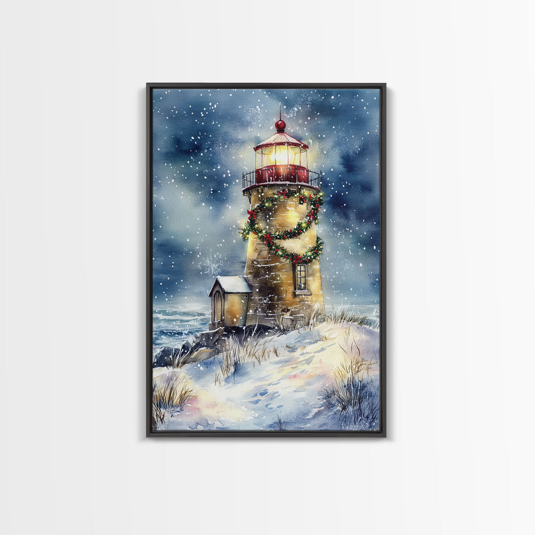 Snowy lighthouse under moonlit sky with wreath, Framed Canvas Print, beach Christmas decor for winter wonderland, holiday wall art