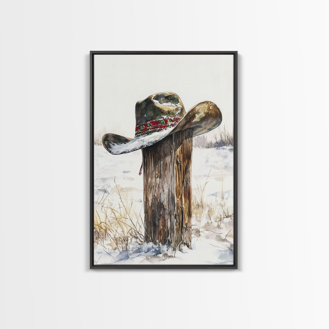 Rustic cowboy hat on snow-covered post, Framed Canvas Print, winter western decor, farmhouse Christmas art, above sofa art rustic homes