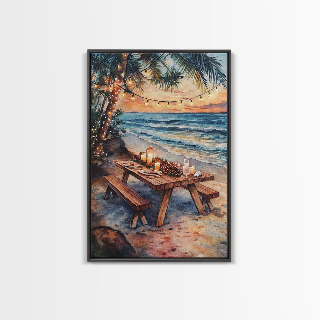 Sunset beach picnic with holiday lights and candles, coastal Christmas decor Framed Canvas Print, perfect tropical holiday art idea