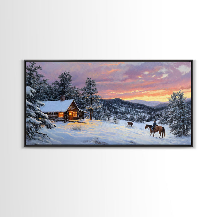 Large Cabin Winter Scene Framed Canvas Print Perfect Wall Art Home Decor, Rustic Christmas Art, Winter Art Print Gift Seasonal Wall Decor