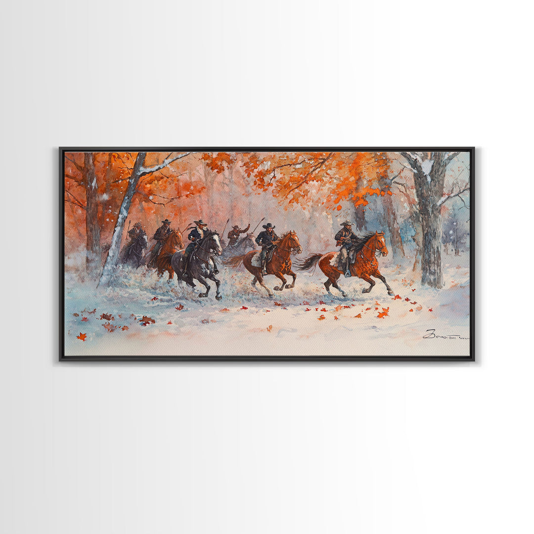 Framed Canvas Print Fall Forest Cowboys in Vibrant Autumn Colors, Perfect Autumn Wall Art, Rustic Home Decor, and Seasonal Cowboy Art
