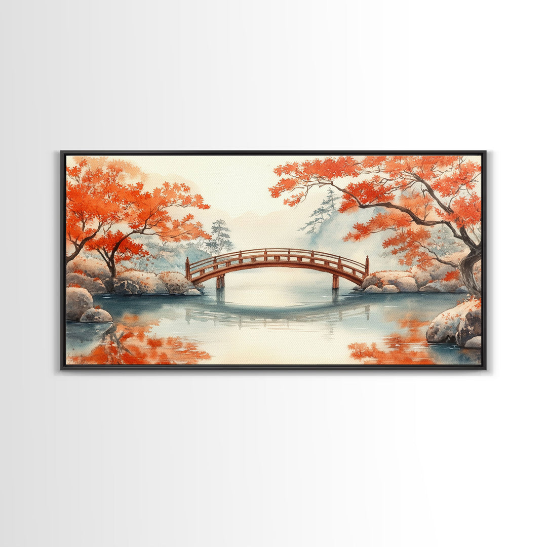 Tranquil Japanese Autumn Bridge Framed Canvas Print Fall Nature Scene Art Minimalist Wall Decor Seasonal Holiday Gift Idea 2024