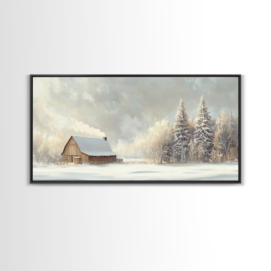 Snowy Barn In Winter Wonderland Tall Art Framed Canvas Print Tranquil Rustic Barn Covered In Snow With Pine Trees Winter Landscape