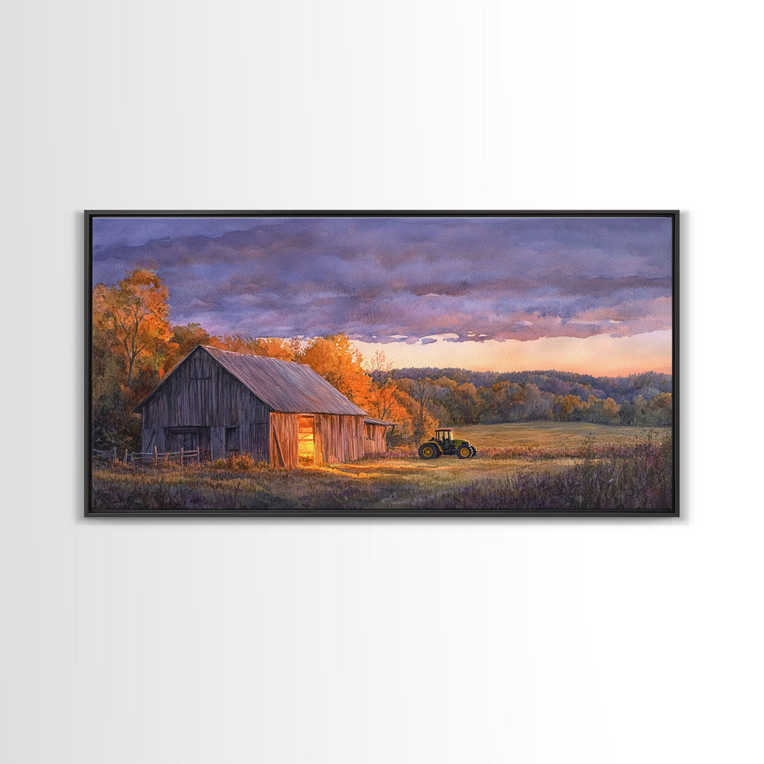 Rustic autumn farmhouse decor Canvas Print sunset landscape with tractor and barn moody landscape fall decor autumn wall art gift idea