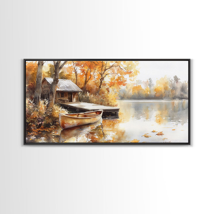 Autumn lakeside cabin decor Canvas Print fall colors cabin and canoe moody landscape rustic seasonal wall art autumn home decor gift idea