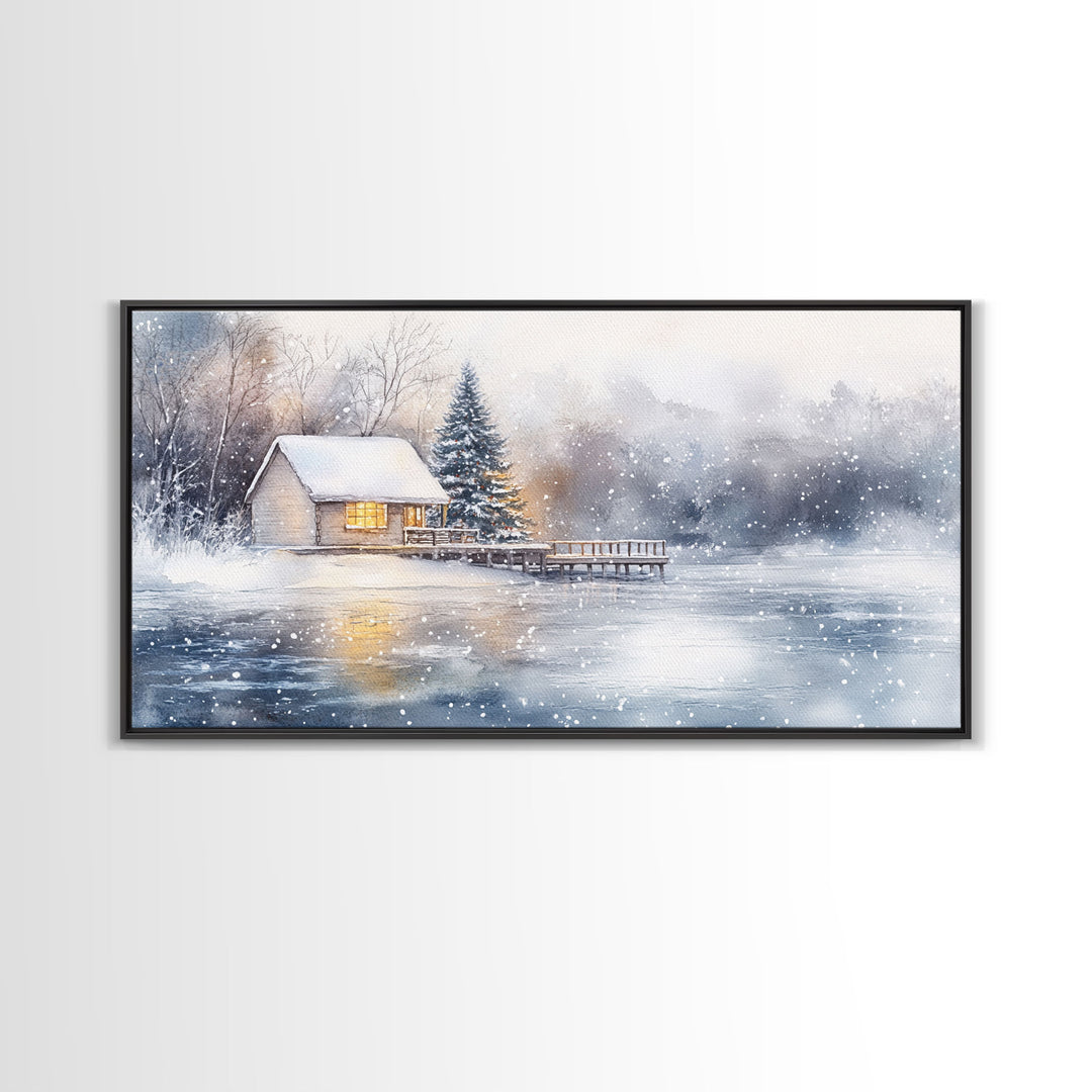 Christmas winter cabin Framed Canvas Print snowy lakeside cabin Christmas tree cozy holiday decor winter wonderland art Christmas wall decor