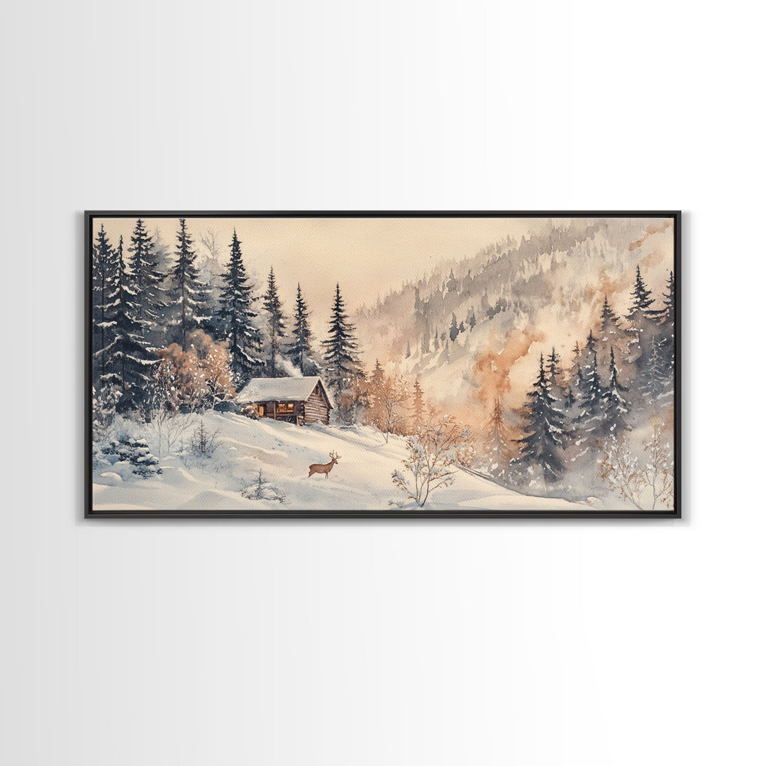 Christmas winter cabin Canvas Print snowy mountain cabin deer cozy holiday wall art winter wonderland seasonal decor Christmas gift idea