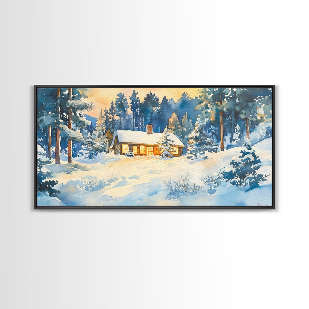 Winter cabin decor Framed Canvas Print snowy cabin and trees winter wonderland cozy holiday wall art gift idea Christmas home decor