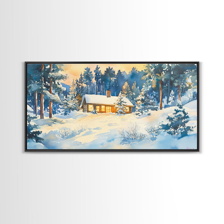 Winter cabin decor Framed Canvas Print snowy cabin and trees winter wonderland cozy holiday wall art gift idea Christmas home decor