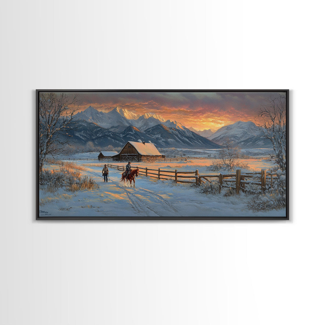 Dawn on the Frontier - Christmas scene art, winter wonderland, rustic Christmas art, Christmas farmhouse decor, snowy mountain art