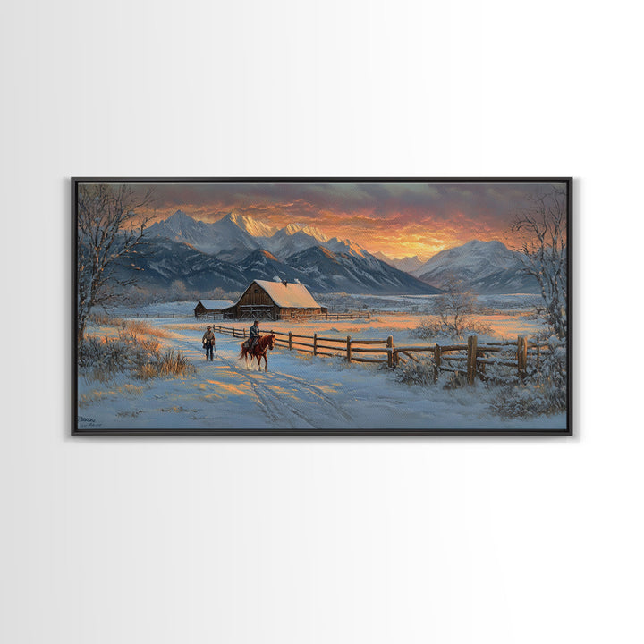 Dawn on the Frontier - Christmas scene art, winter wonderland, rustic Christmas art, Christmas farmhouse decor, snowy mountain art