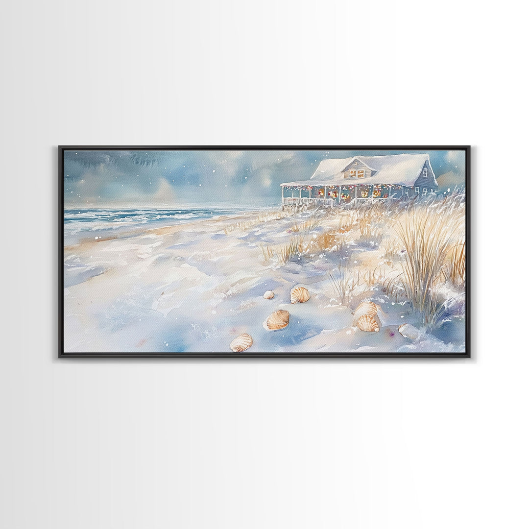 Seaside Snowfall - beach Christmas, beach Christmas decor, Christmas vacation decor, winter wall art, Christmas tree art