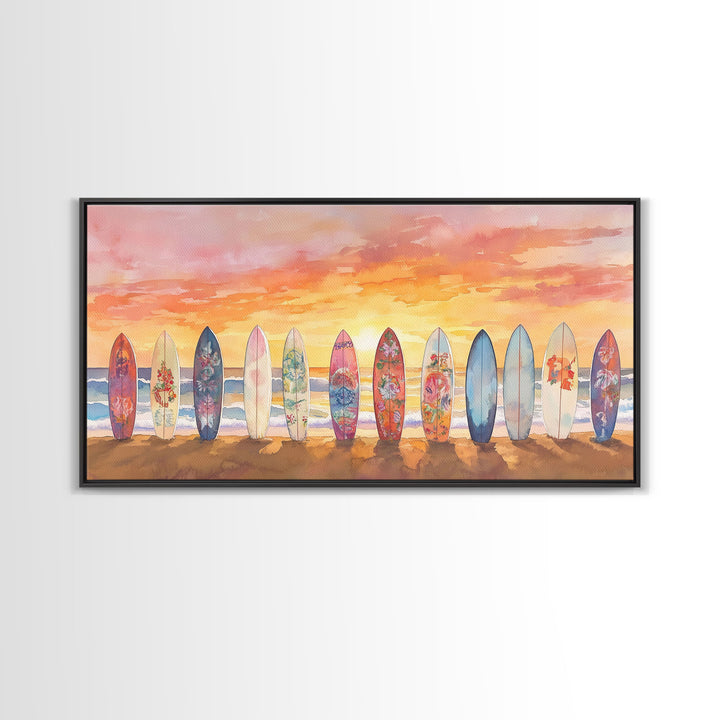 Vibrant Sunset Beach Art Surfboard Canvas Print Tropical Beach Wall Art Framed Canvas Print Fall Beach Scene Autumn Surfboard Decor