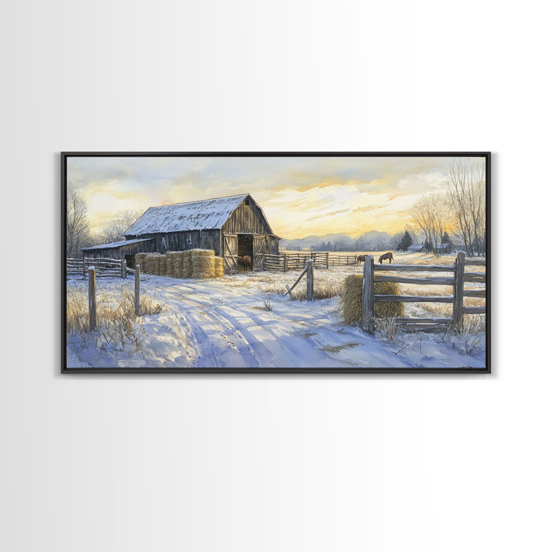 Snowy Barn Horses Canvas Print Winter Landscape Art Farmhouse Christmas Wall Art Framed Canvas Print Rustic Christmas Outdoor Decor