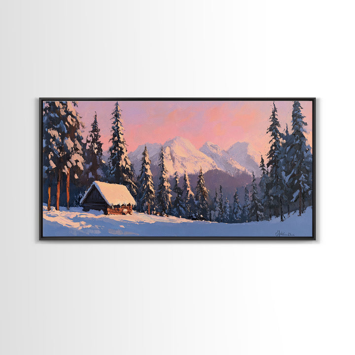 Snowy Mountain Cabin Tall Art Framed Canvas Print Cozy Winter Cabin Nestled In Snowy Forest With Majestic Mountain Landscape