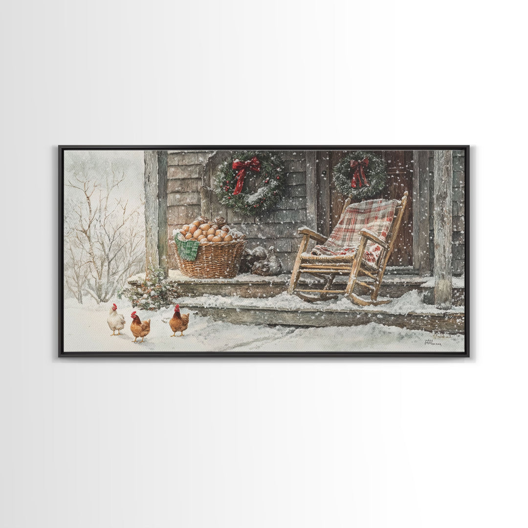 Winter porch with Christmas wreath, rustic farmhouse holiday art, Christmas decor print, winter art, canvas print, vintage Christmas decor