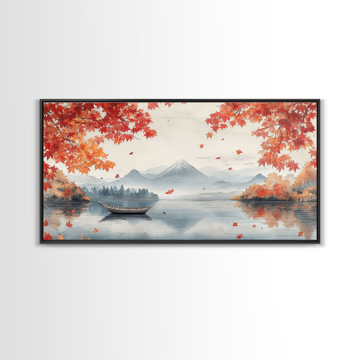 Mountain lake autumn art, fall leaves and boat decor, peaceful autumn landscape, serene fall wall art, framed canvas print, autumn decor