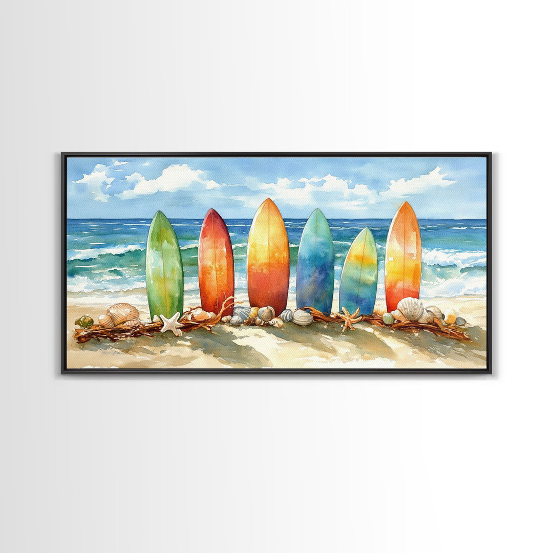 Colorful surfboards Christmas wall art, beach holiday decor, coastal Christmas art, framed canvas print, tropical Christmas art gift