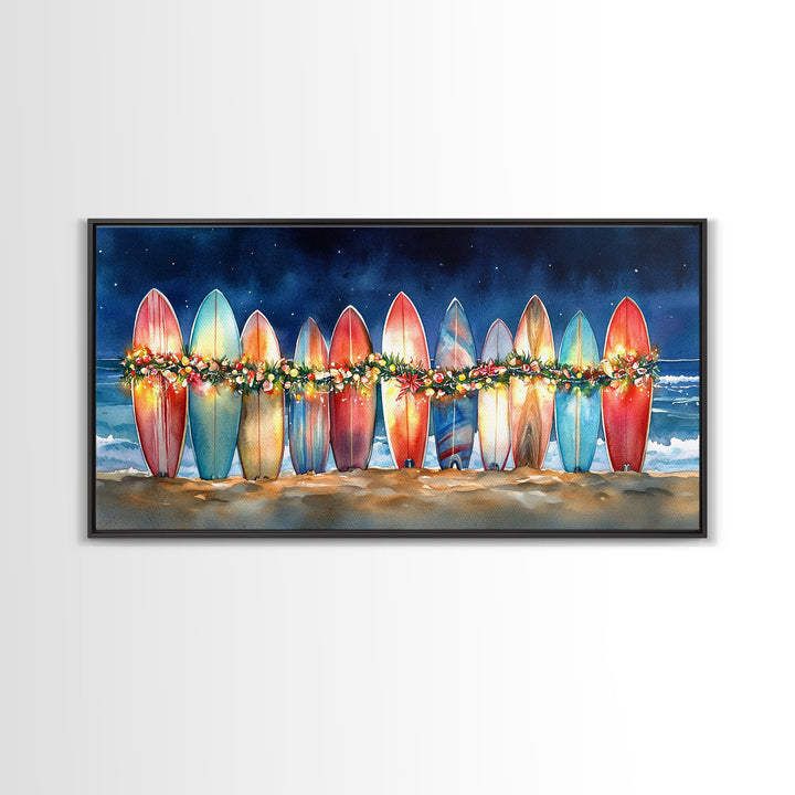 Surfboards with Christmas lights, tropical Christmas wall art, beach holiday decor, framed canvas print, coastal Christmas art, festive art