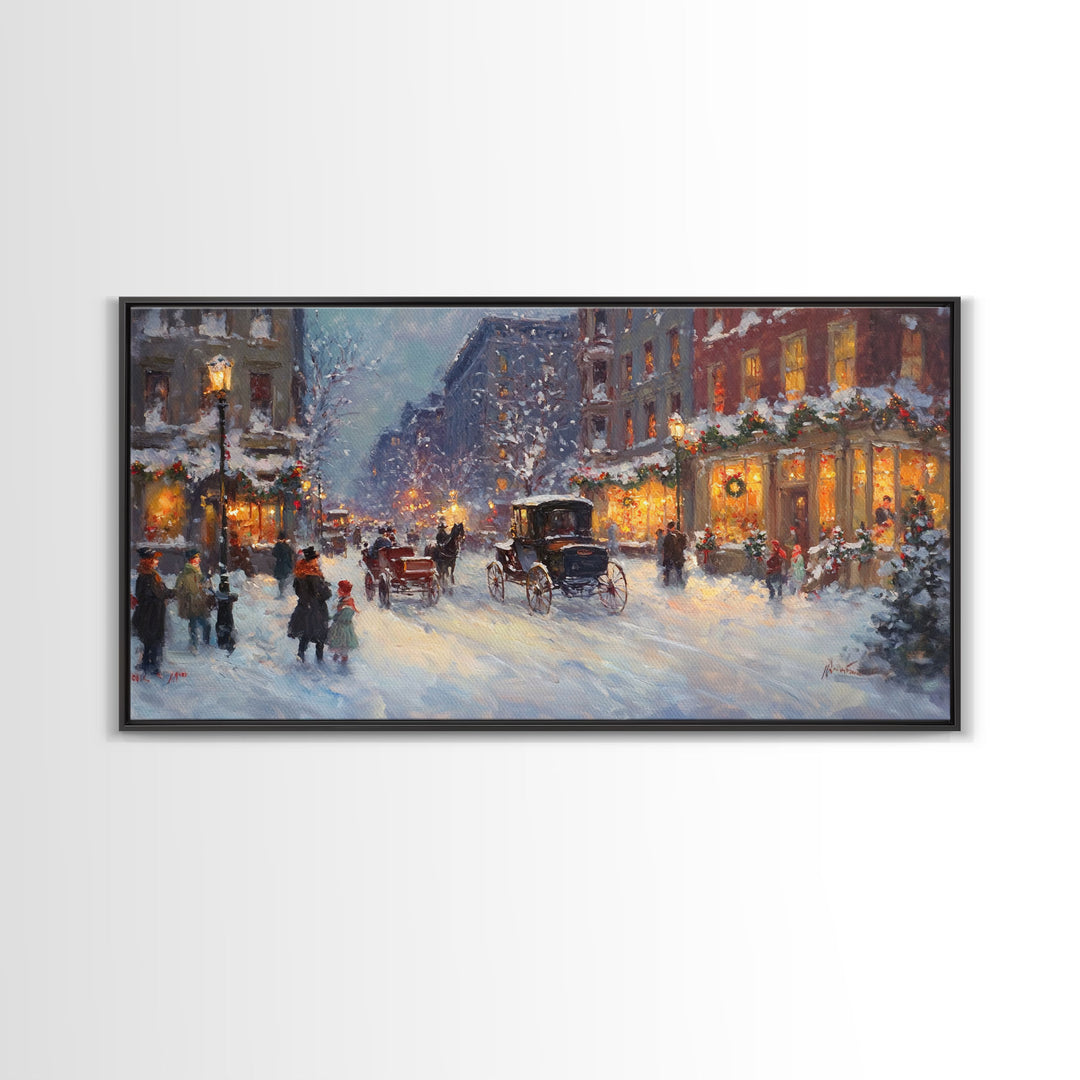 Victorian Christmas Market Tall Art Framed Canvas Print Winter Street Scene With Holiday Decorations And Horse-Drawn Carriages In Snow