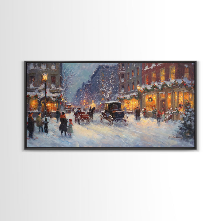 Victorian Christmas Market Tall Art Framed Canvas Print Winter Street Scene With Holiday Decorations And Horse-Drawn Carriages In Snow