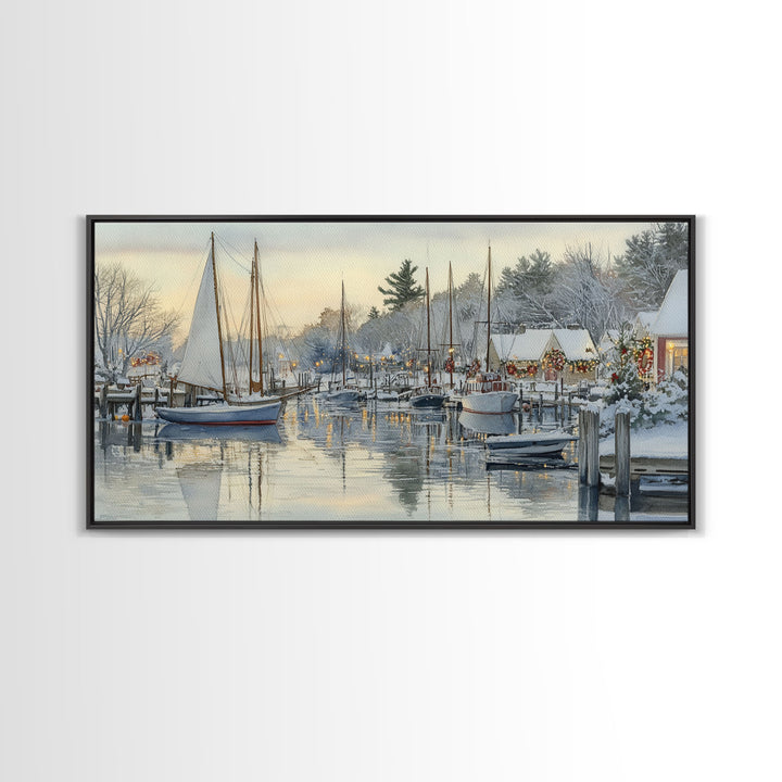 Snowy Boats at a Festive Pier Scene, Framed Canvas Print, Coastal Christmas Decor, Art, Winter Wonderland, Nautical Christmas Wall Print