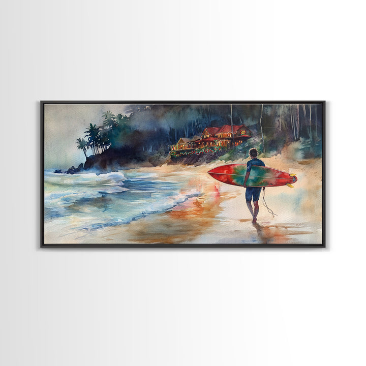 Surfer at Coastal Christmas House Canvas Print | Tropical Christmas Wall Art | Beach House Holiday Decor | 2024 Coastal Christmas Art Gift