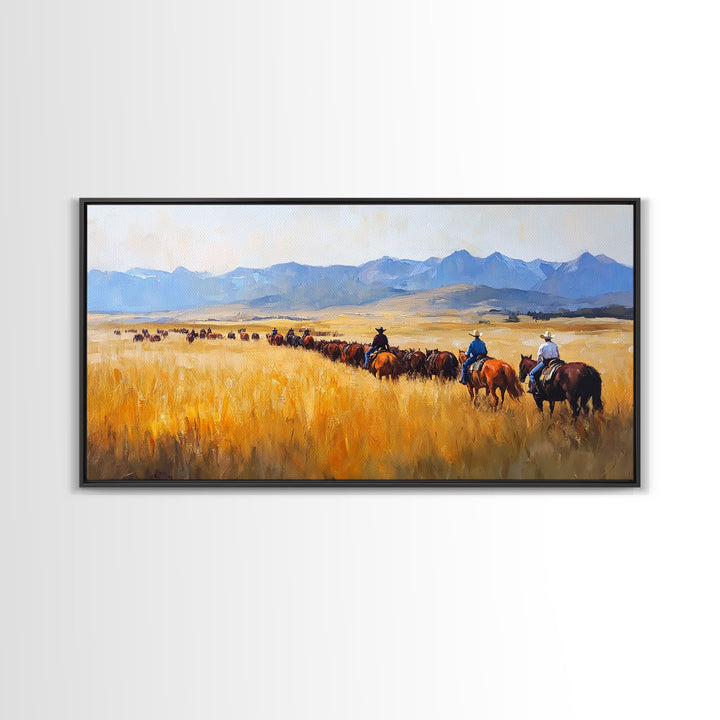 Cowboys Framed Canvas Print Western Country Horse Ride Scenic Art Large Landscape Wall Decor Ideal Holiday and Ranch Home Gift