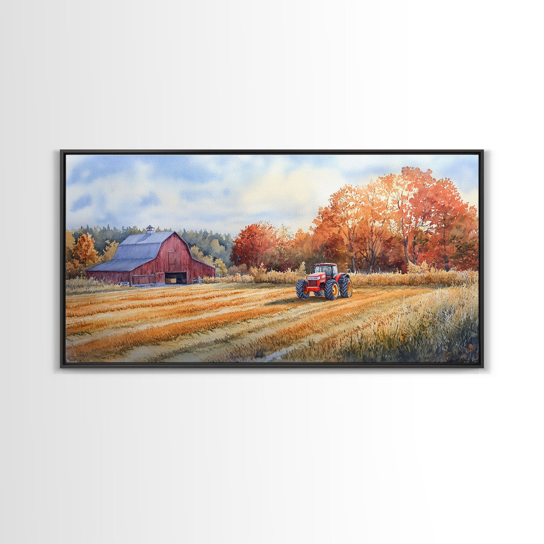 Red Barn in Autumn Landscape, Framed Canvas Print, Farmhouse Fall Decor, Watercolor Wall Art, Above Sofa Art, Wall Decor, Gift Idea 2024