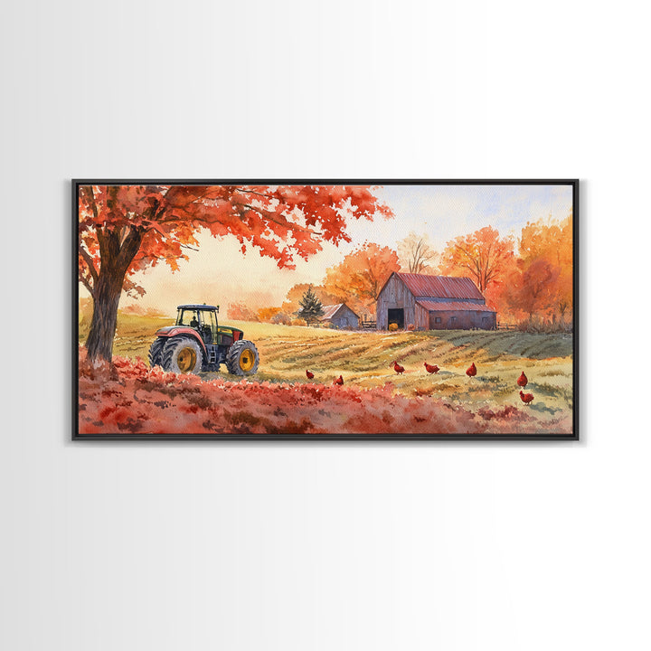 Tractor in Fall Field with Barn, Watercolor Wall Art, Farmhouse Autumn Decor, Framed Canvas Print, Home Decor, Above Sofa Art, Gift Idea