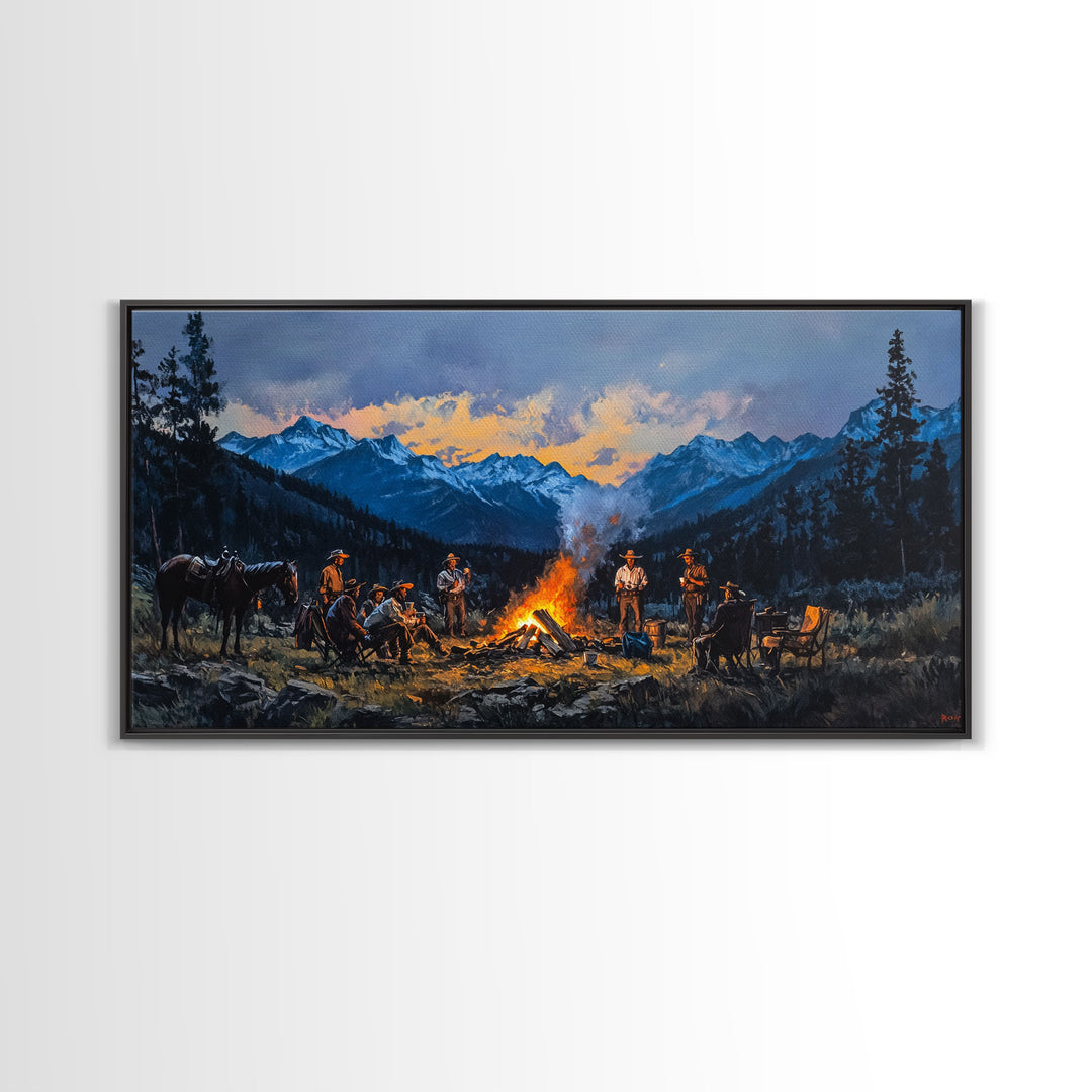 Framed Canvas Print Western Cowboys Campfire Evening Art Landscape Rustic Winter Mountain Home Decor Extra Large Wall Art Gift