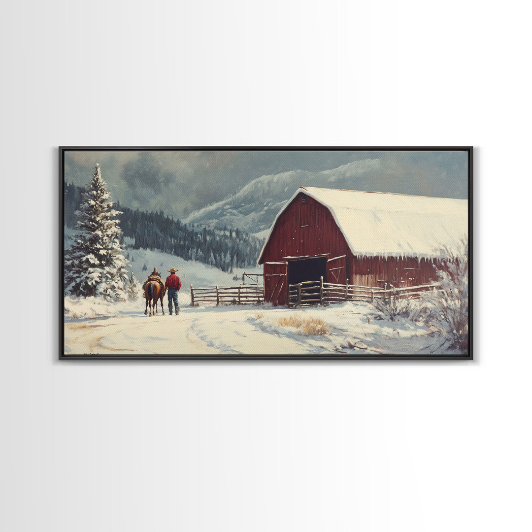 Winter On The Farm, Barn Painting, Framed Canvas Print, Primitive Farmhouse Decor, Christmas Decor, Winter Wonderland Rustic Winter Wall Art